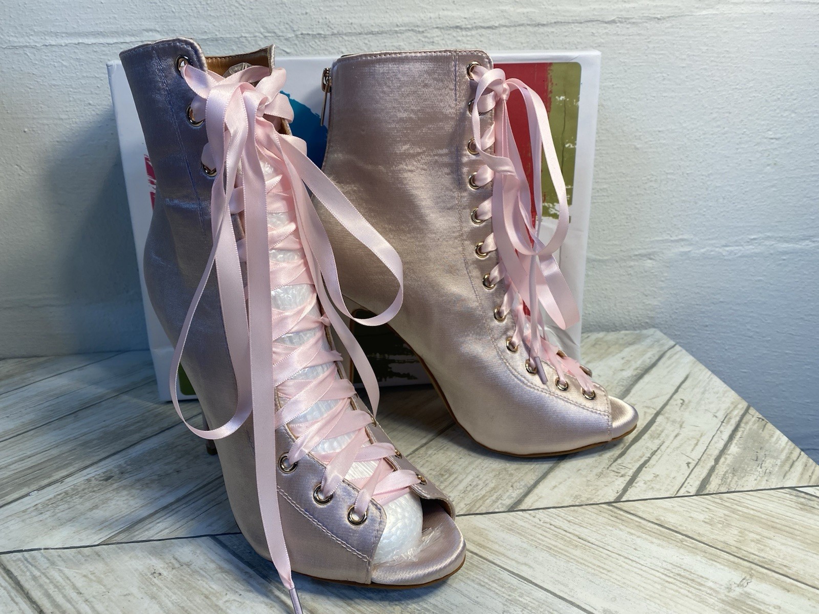 FSJ Light Pink Lace Up Ankle Boots High Heels Shoes New In Box 7.5