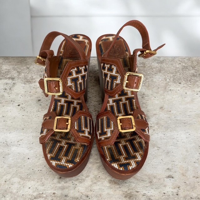 Tory Burch Platform Sandals Women’s 10M Brown Leather 5″ Heel Double T Logo