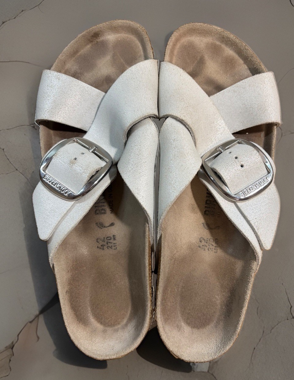 Birkenstock Siena Big Buckle Cross Strap Sandal Whitewash Metallic SZ42/US11W