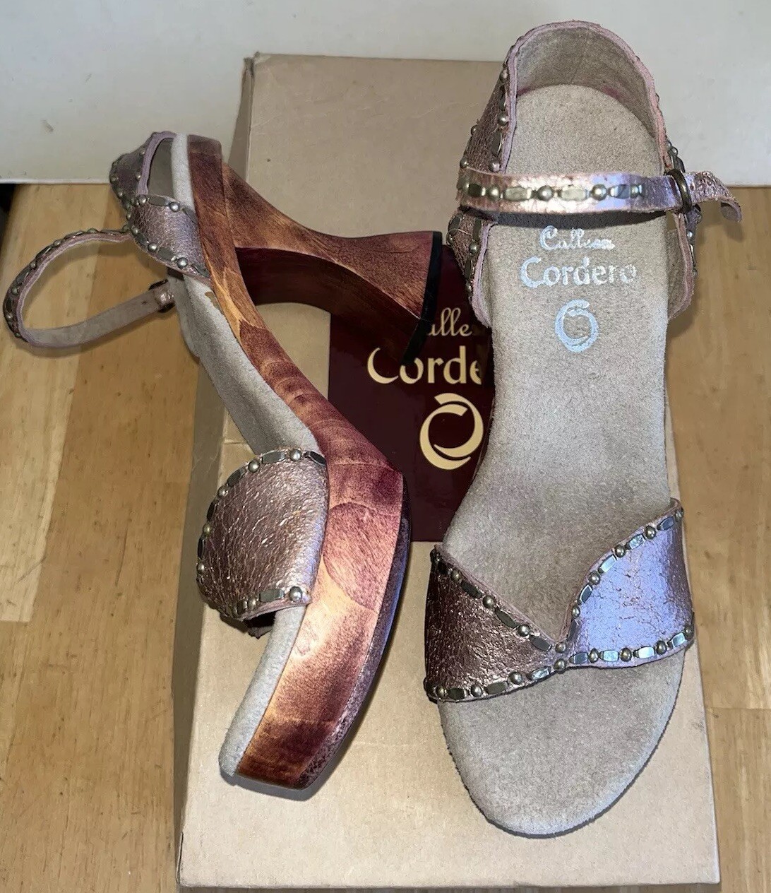 Calleen Cordero studded Kaia Metallic leather Wood Hourglass Heel Sandals Sz 5.5