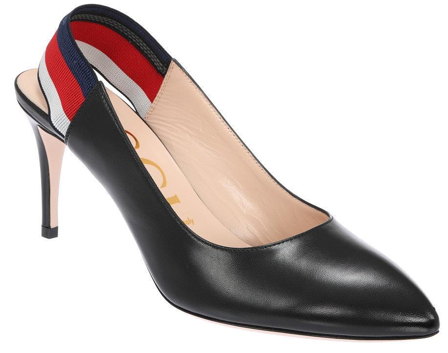 NEW GUCCI WEB SLINGBACK BLACK LEATHER 3.25″ HEELS PUMP SHOES 36/US 6