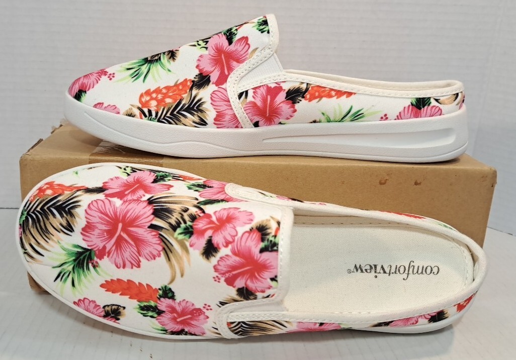 Floral Slip On Shoes Comfort View Size 9.5W Athletic Camellia White Pink Red