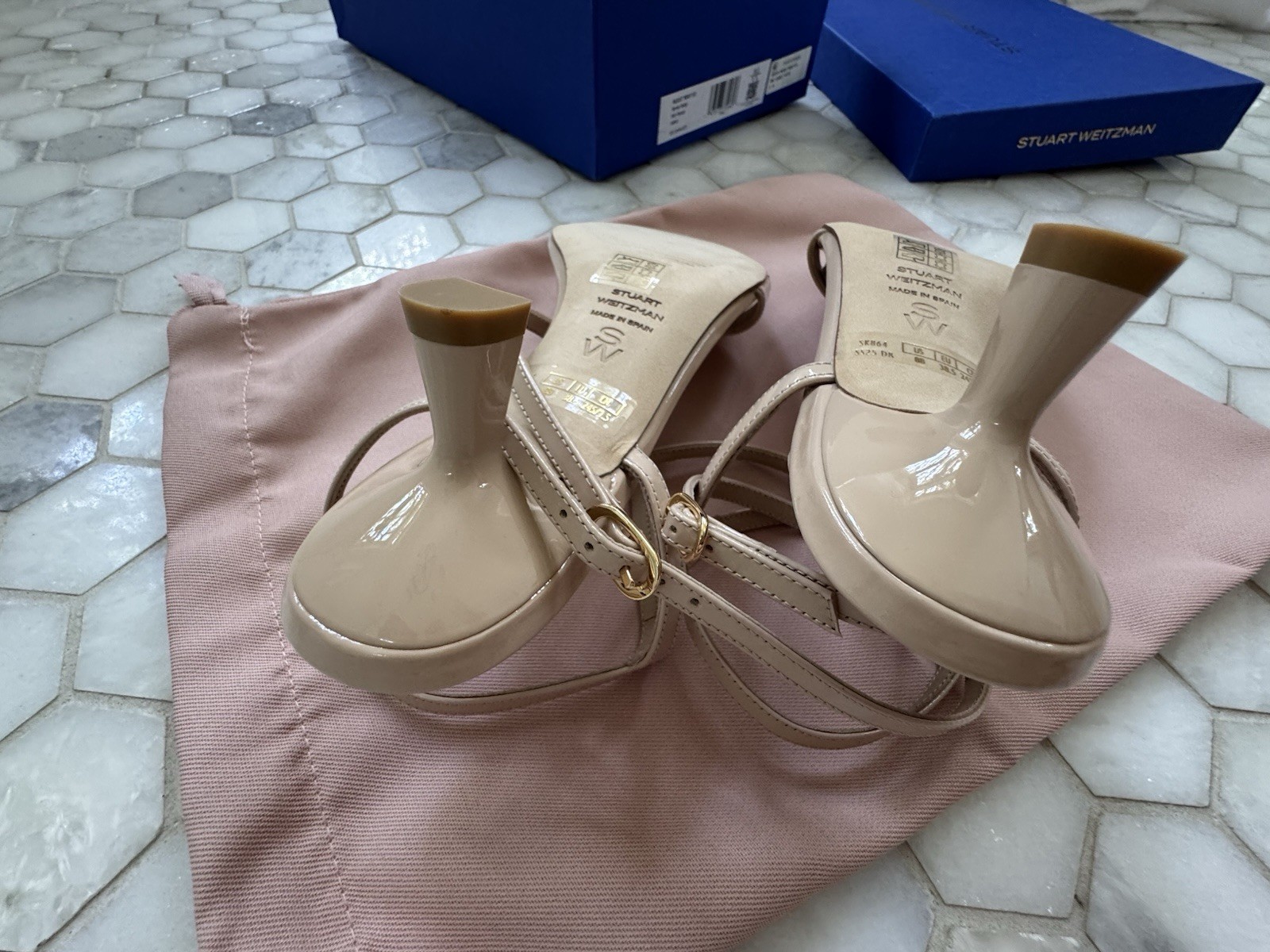 Stuart Weitzman Beige Patent Leather Strappy Ankle Strap Block Heel 8B