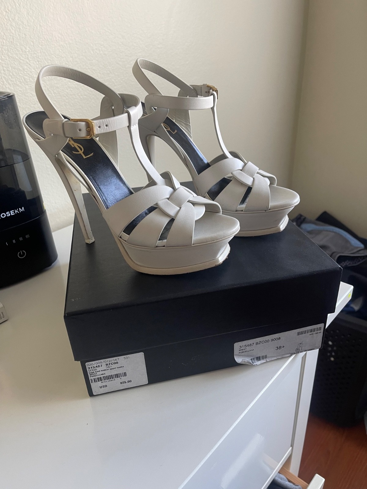 YSL Tribute Yves Saint Laurent White Porcellana Leather Sandal Heels 38.5