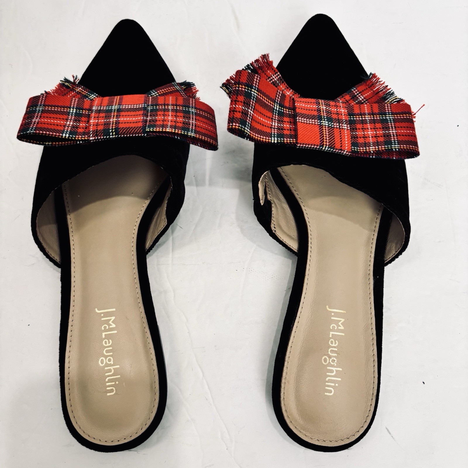 J Mclaughlin Lyon Flats Tartan Red Bow Pointed Toe Black Velvet Slide On Loafers