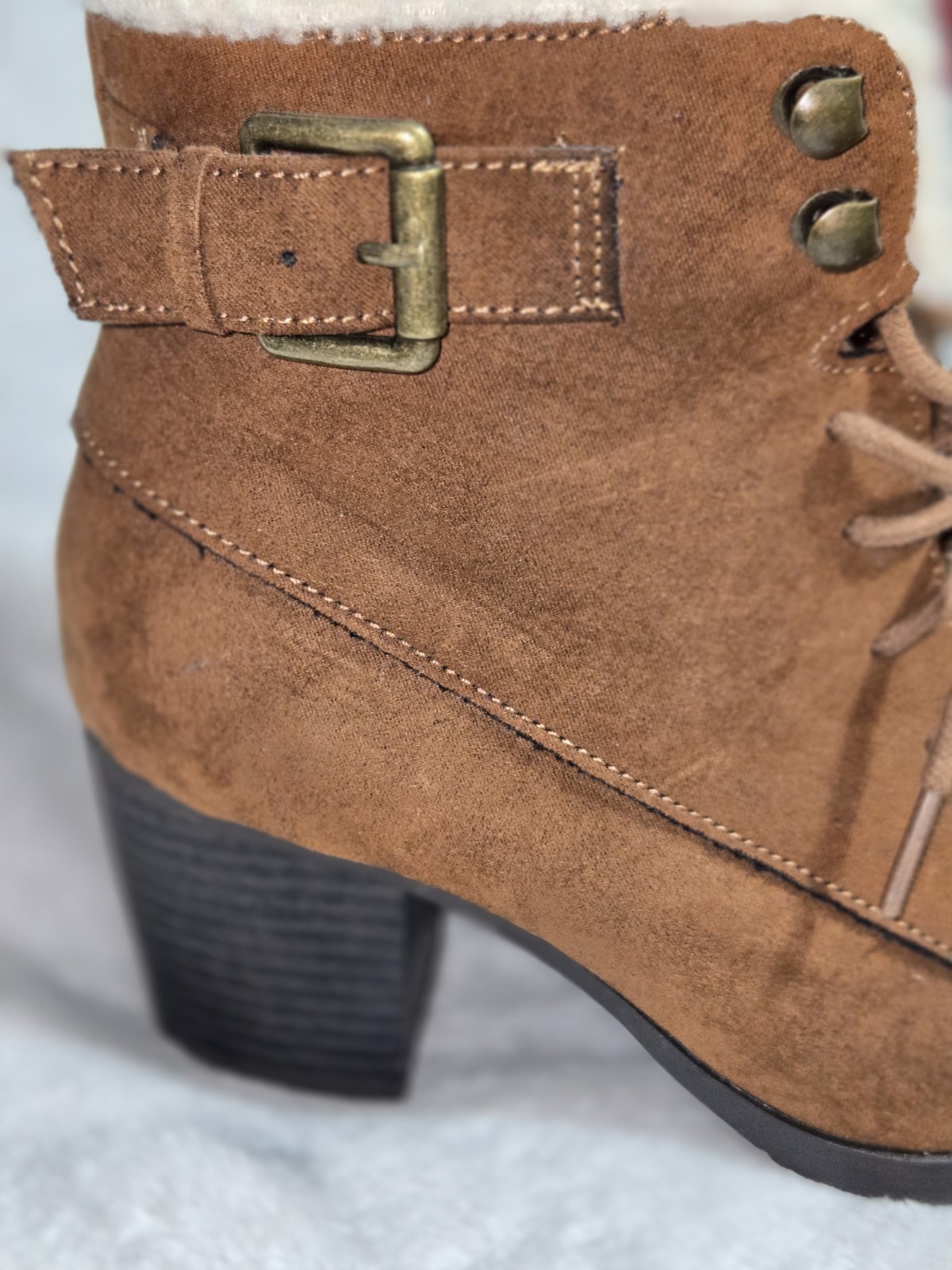 Me Too Brown Ankle Bootie Faux Fur Lined Lace-Up Side Zip Buckle Round Toe 6