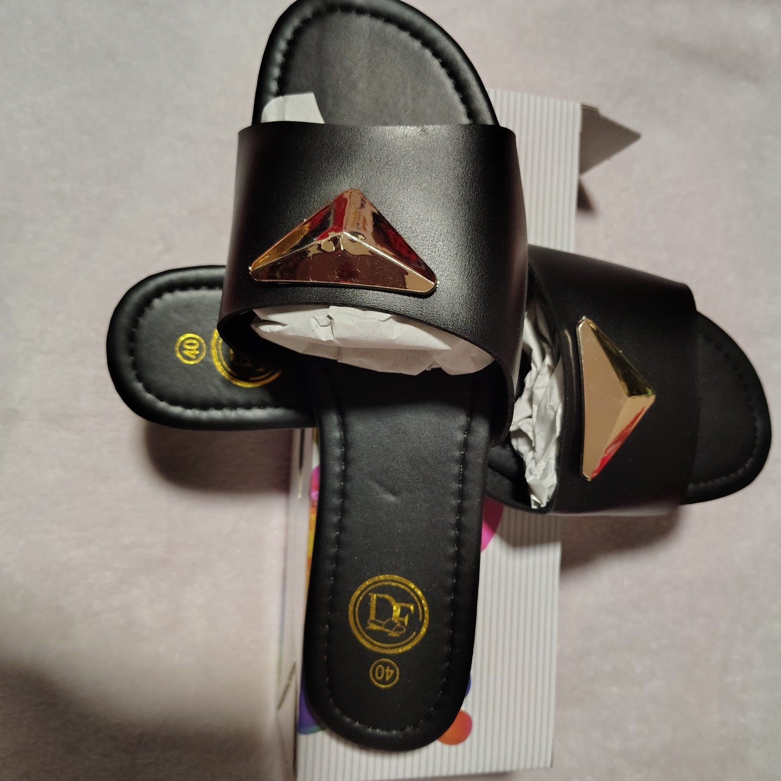 Women’s Black Slip-On Slide Sandals Gold-Tone Metal Triangle Logo EU 40