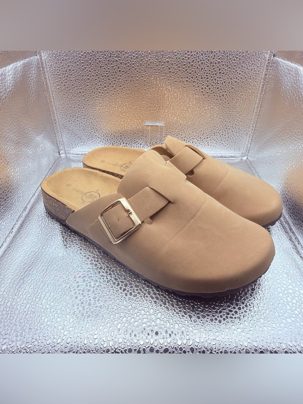 Women’s Buckle Clog Mule in Tan with Cushioned Footbed sole Mates 8