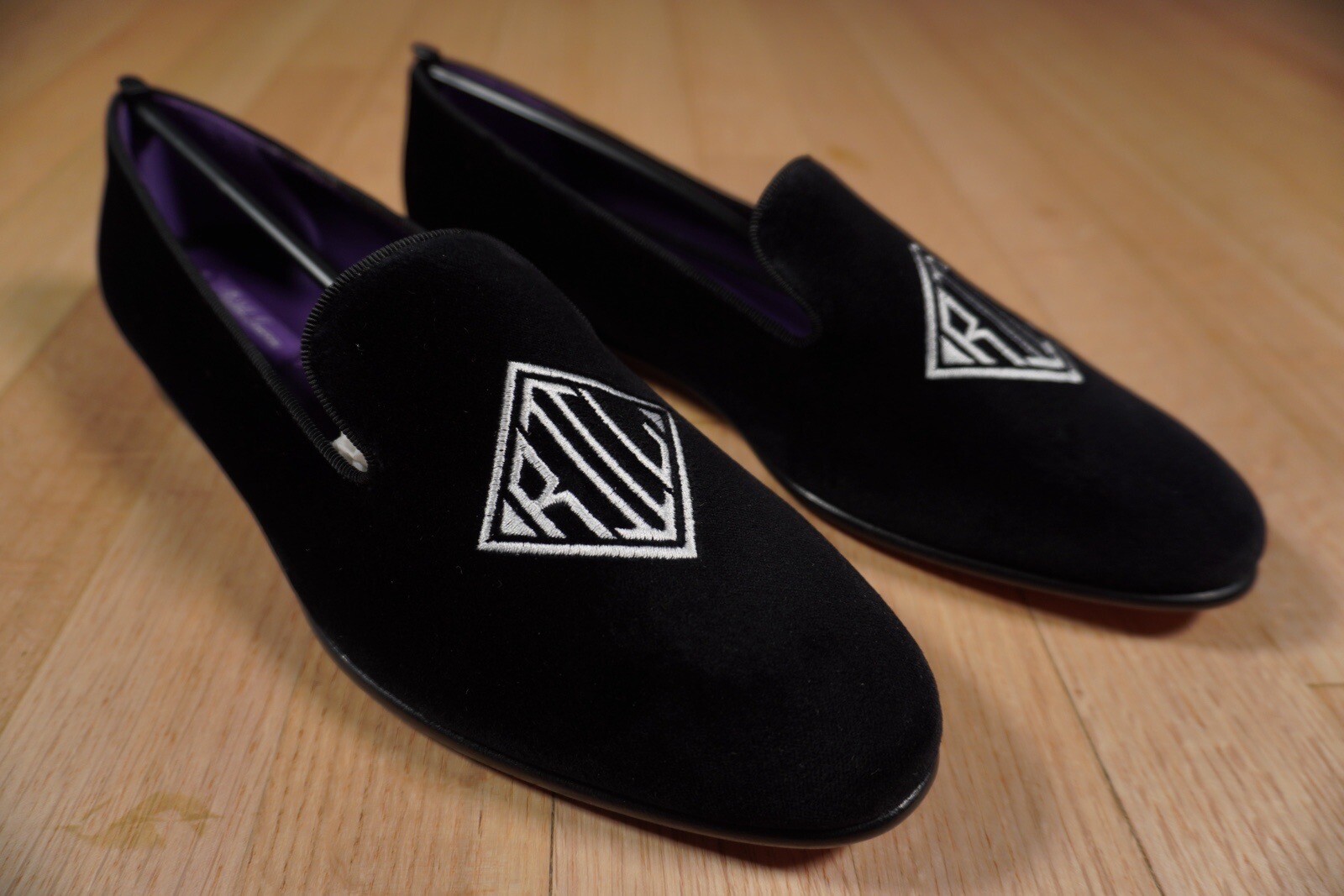 Ralph Lauren Purple Label Alonzo Deco Slipper Black Size 8B Velvet Brand New