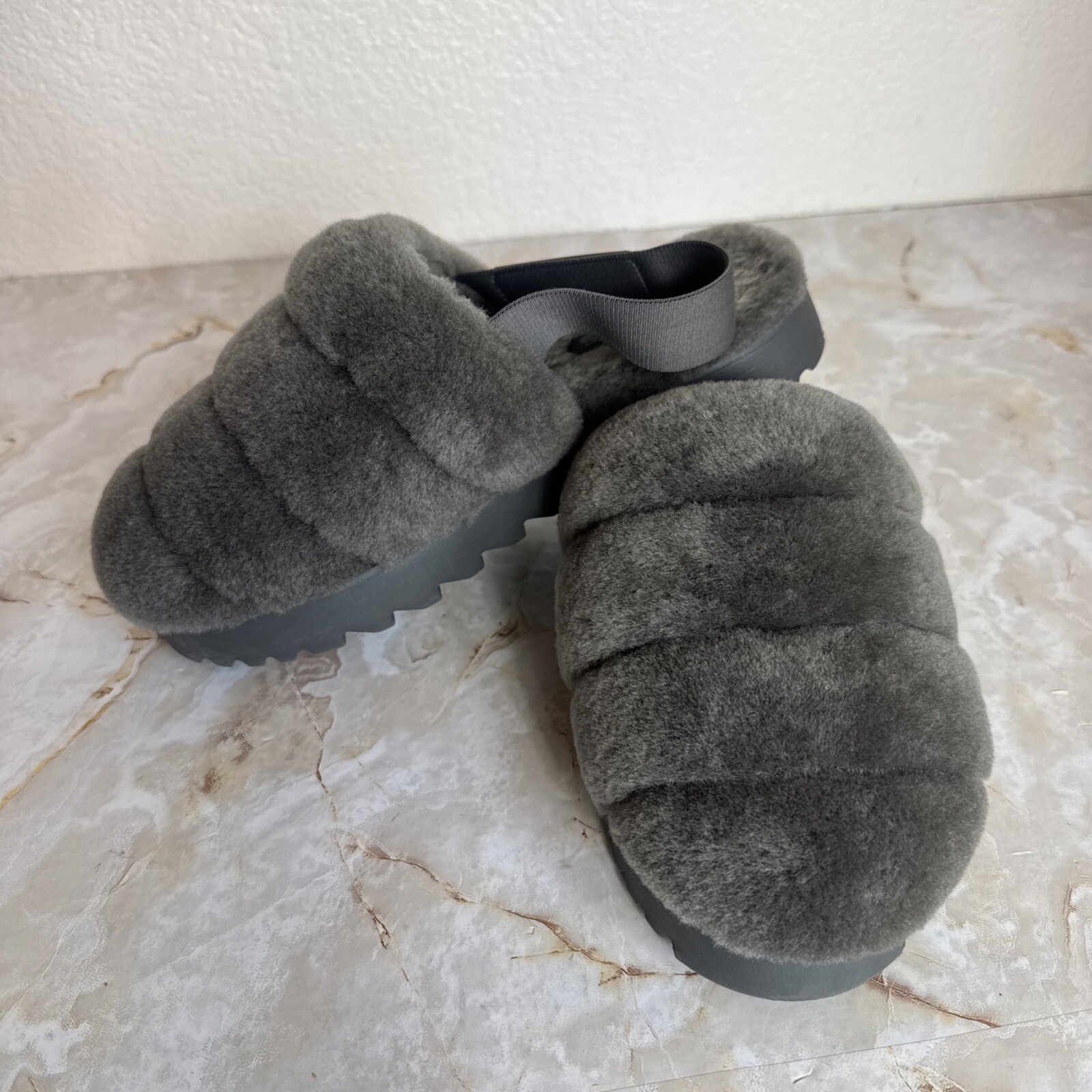 Ugg Womens Super Fluff Gray Slingback Slippers Shoes 8 Medium (B,M)