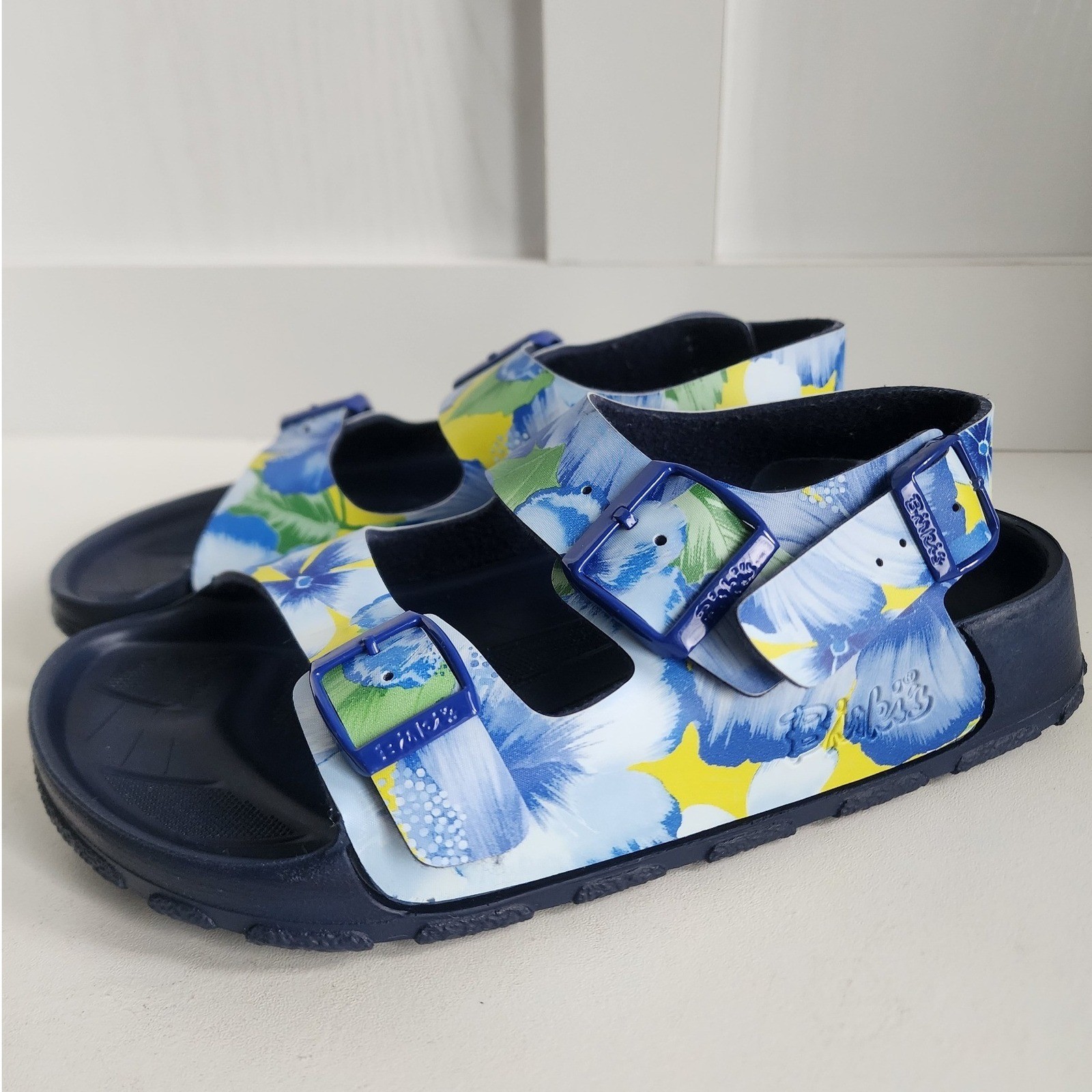 Birkenstock Birkis Sansibar Floral Sandals Blue Yellow Hibiscus Size 37 Women 6