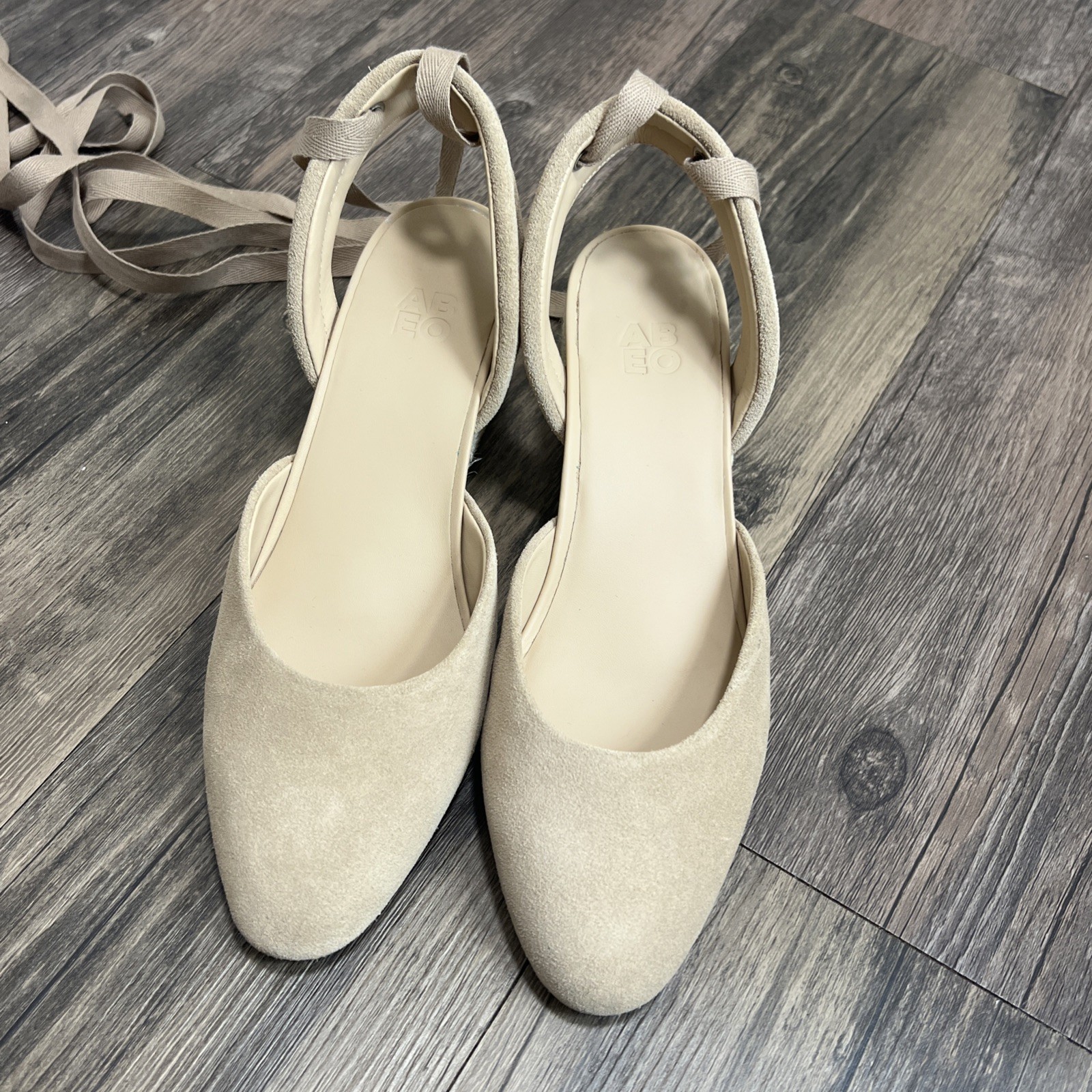 Abeo Veranda Women’s Tan Leather Espadrille Wedge Heels Lace Up Shoes Size 8.5