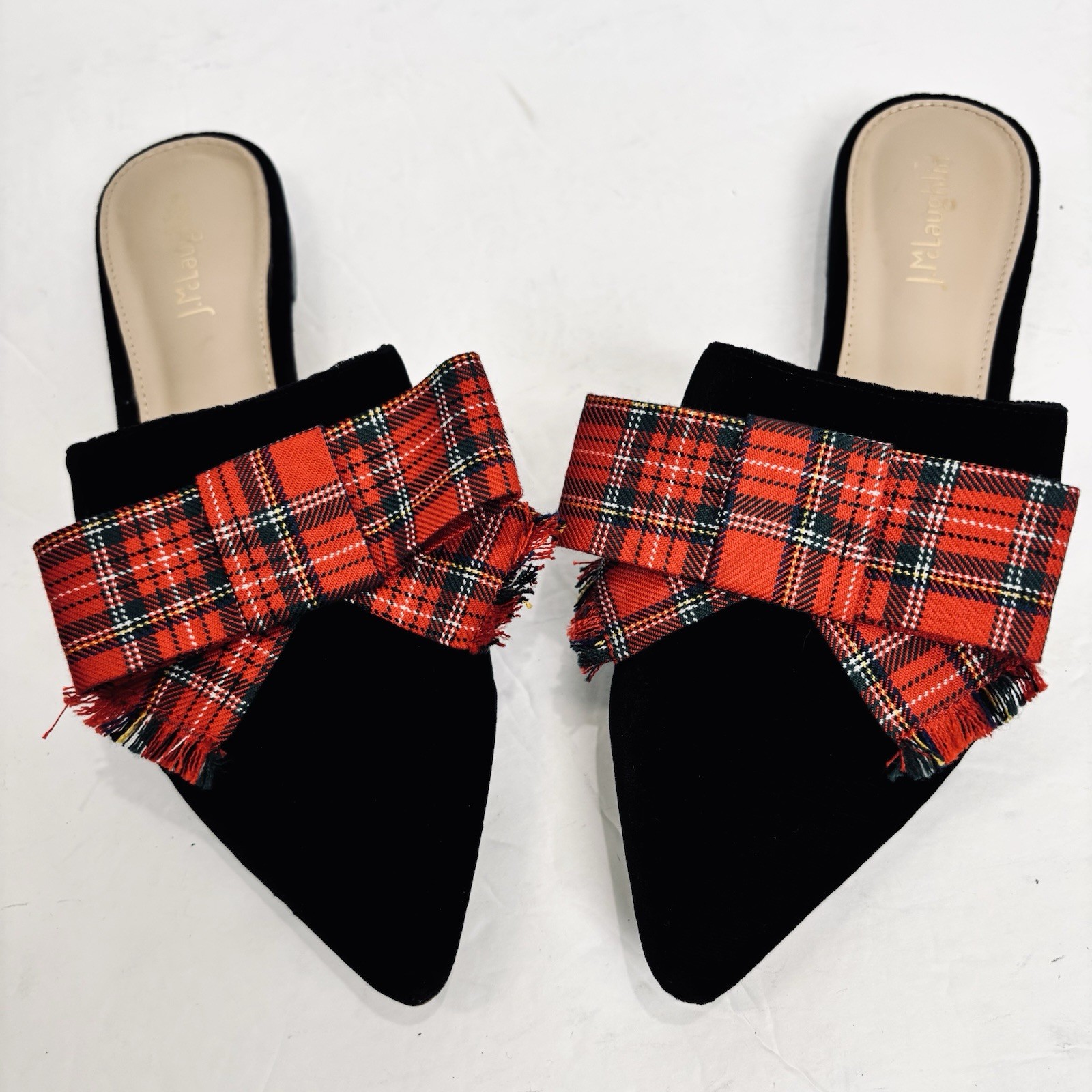 J Mclaughlin Lyon Flats Tartan Red Bow Pointed Toe Black Velvet Slide On Loafers