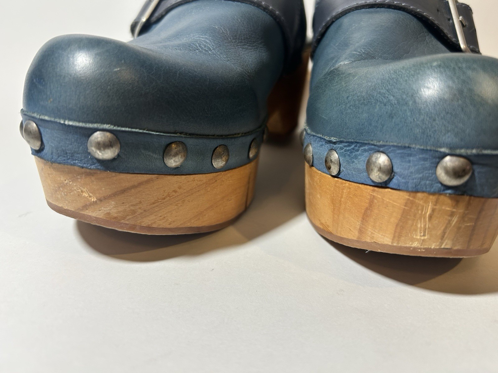 Free People Culver City Clogs Teal Blue Leather Wood Platform Buckle Studded 9