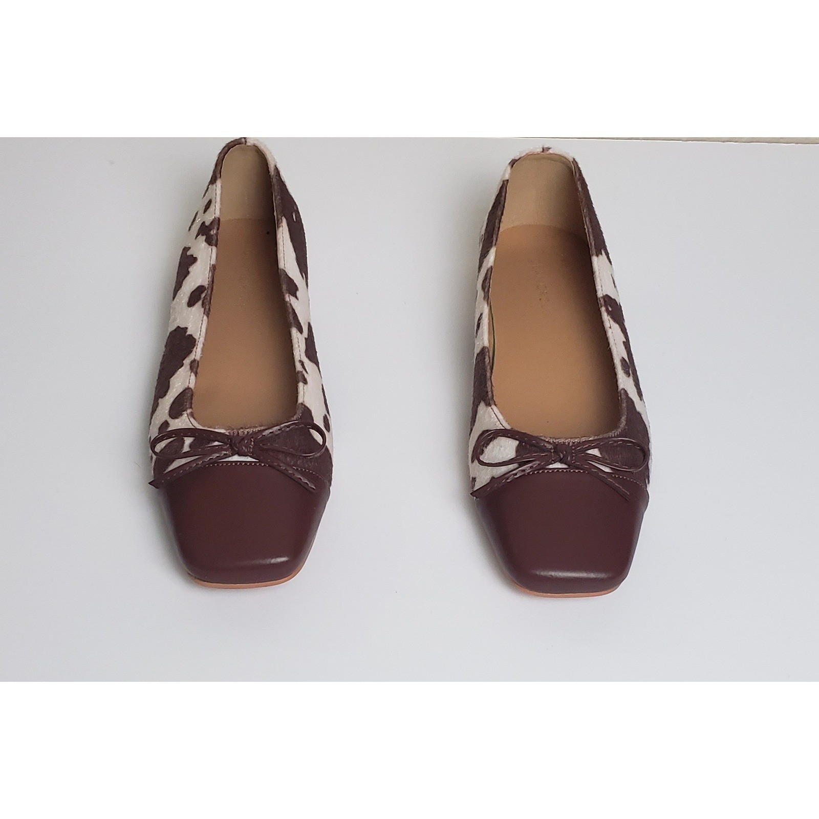 Glamorous Brown Cow Print Faux Calf Hair Square Toe Ballet Flats Bow Accent US 9
