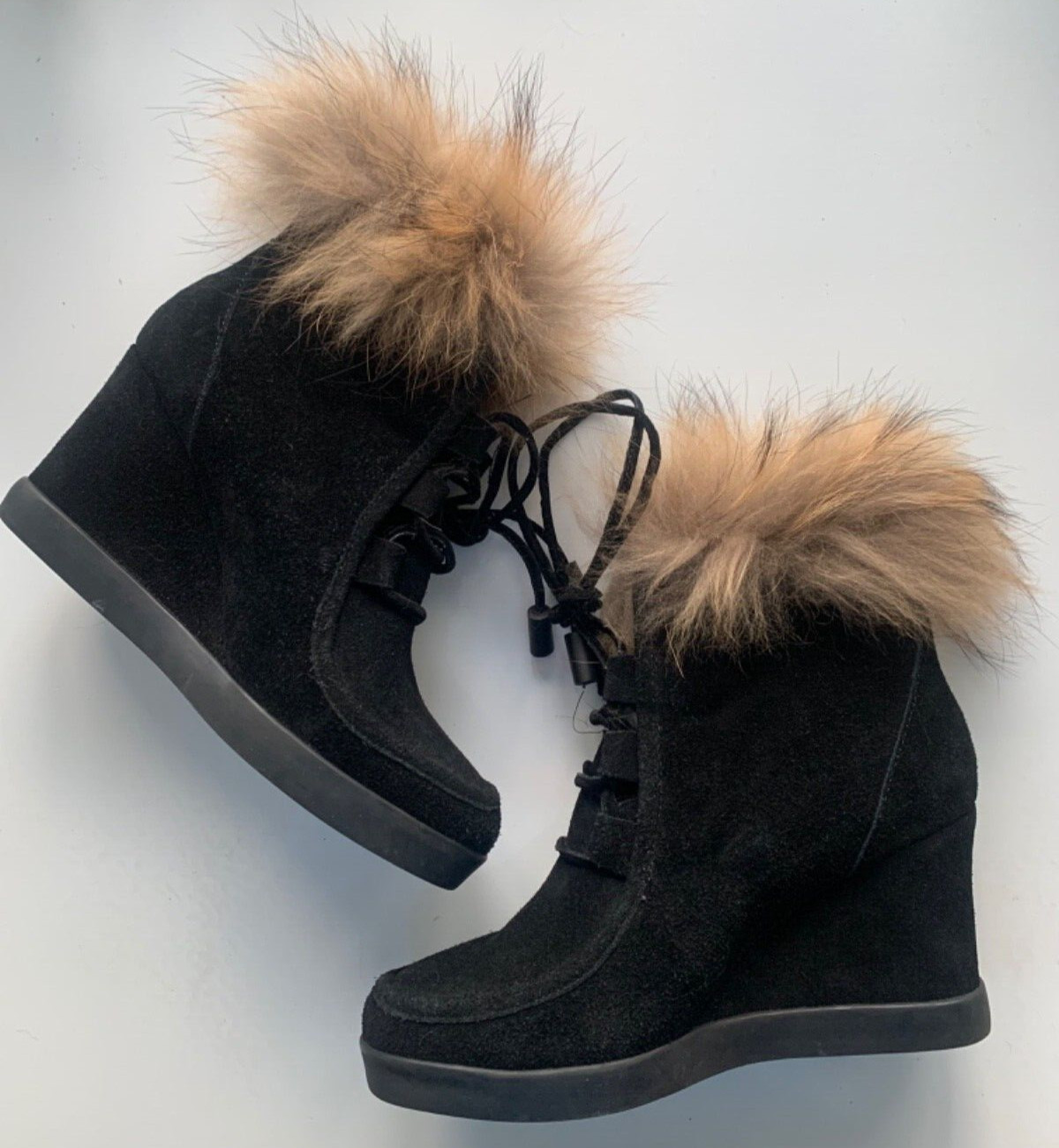 BARNEYS NEW YORK Womens Boots 8 7.5 HEIDI Hidden Wedge FOX FUR Leather SUEDE