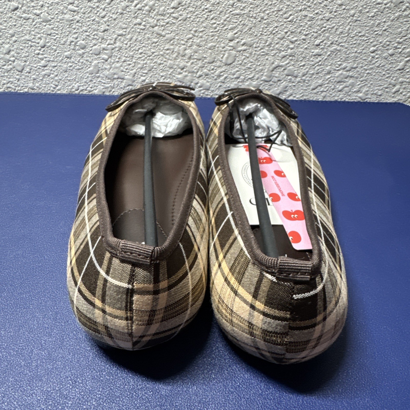 Cider Brown Plaid Bow Ballet Flats Slip-On Cotton Women’s Size 8.5/39