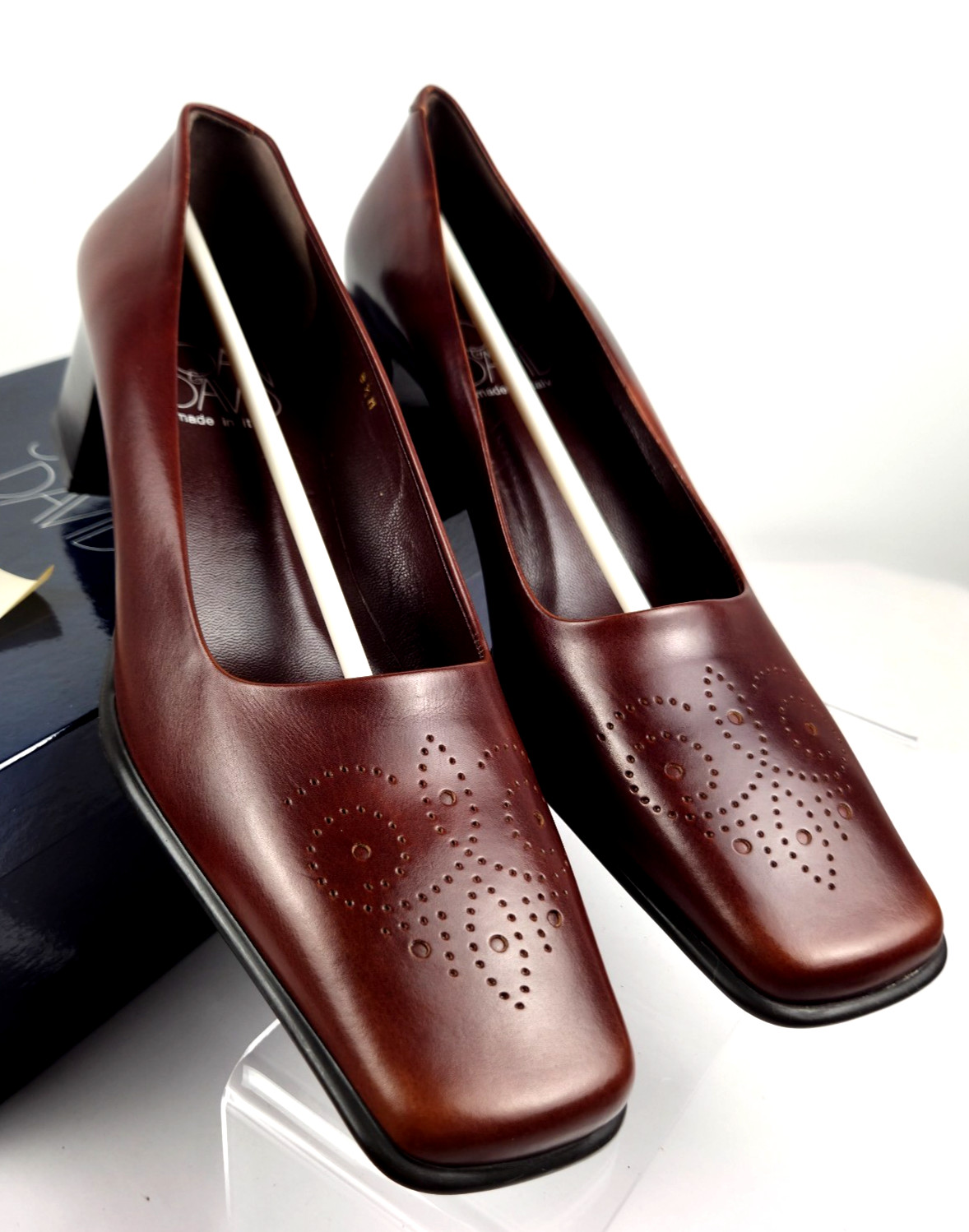 Joan & David Walnut Brown Leather Square Toe Block Heel Pumps 8.5M Italy VTG NOS