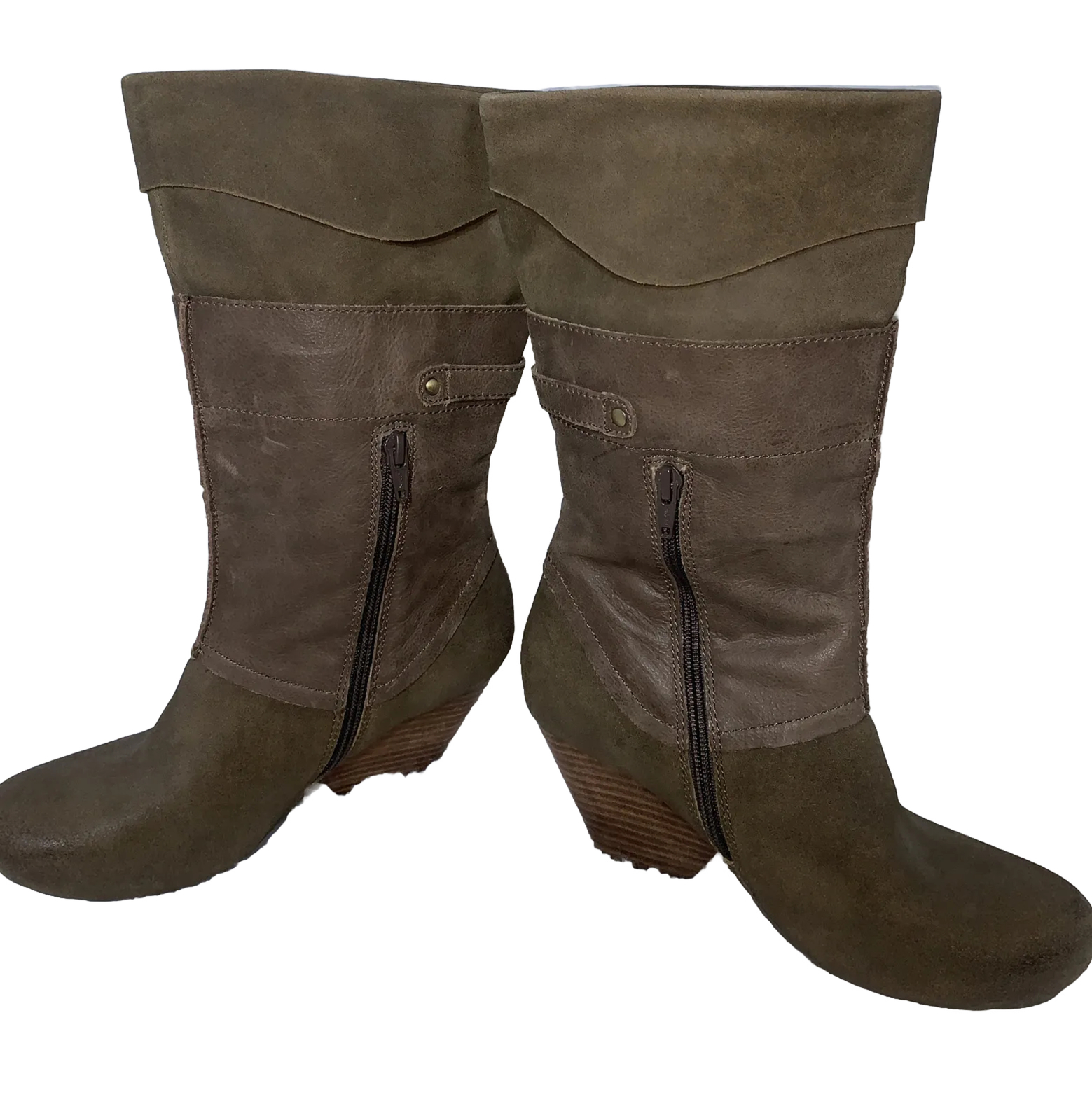 OTBT Roswell Size 7 Boots Mud Leather Mid Calf Slouch Round Toe Mud Brown Y2K