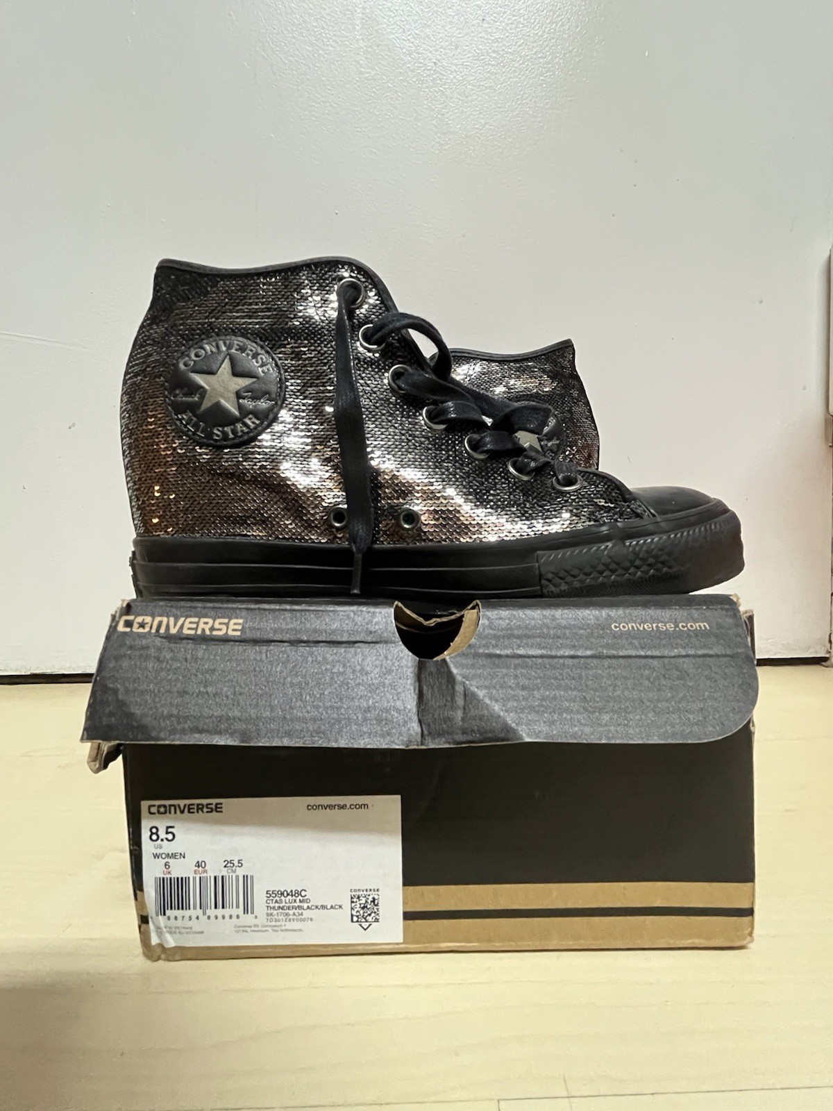 Converse Chuck Taylor High-Top Wedge Sneaker SEQUINS black silver Prom W8.5