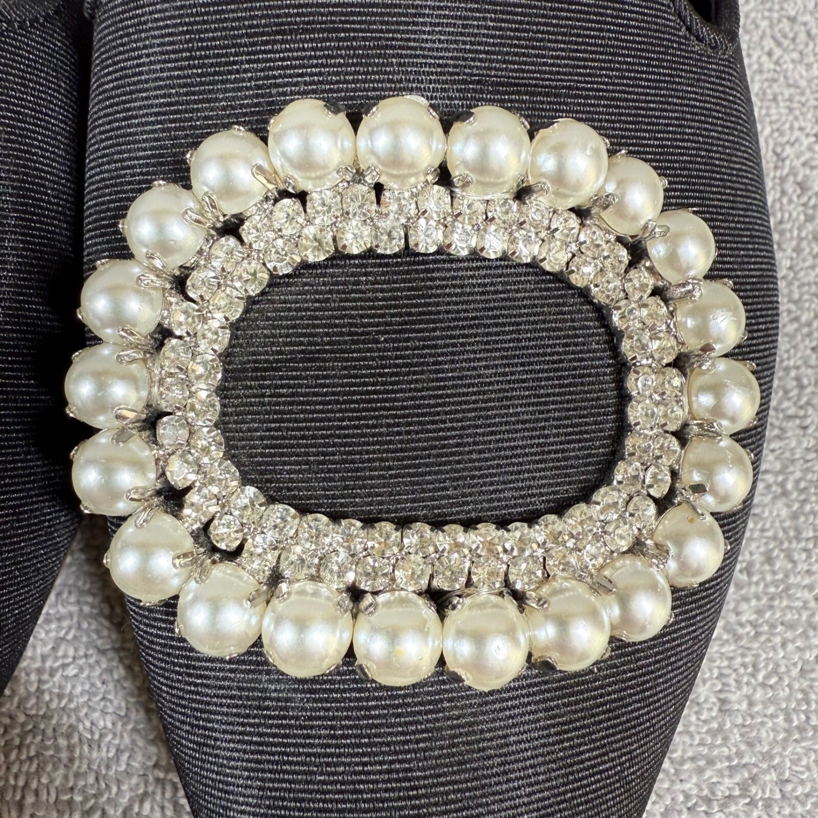 DELTAN Luna Pearl Rhinestone Grosgrain Mules Black Pointed Toe Flats 6.5