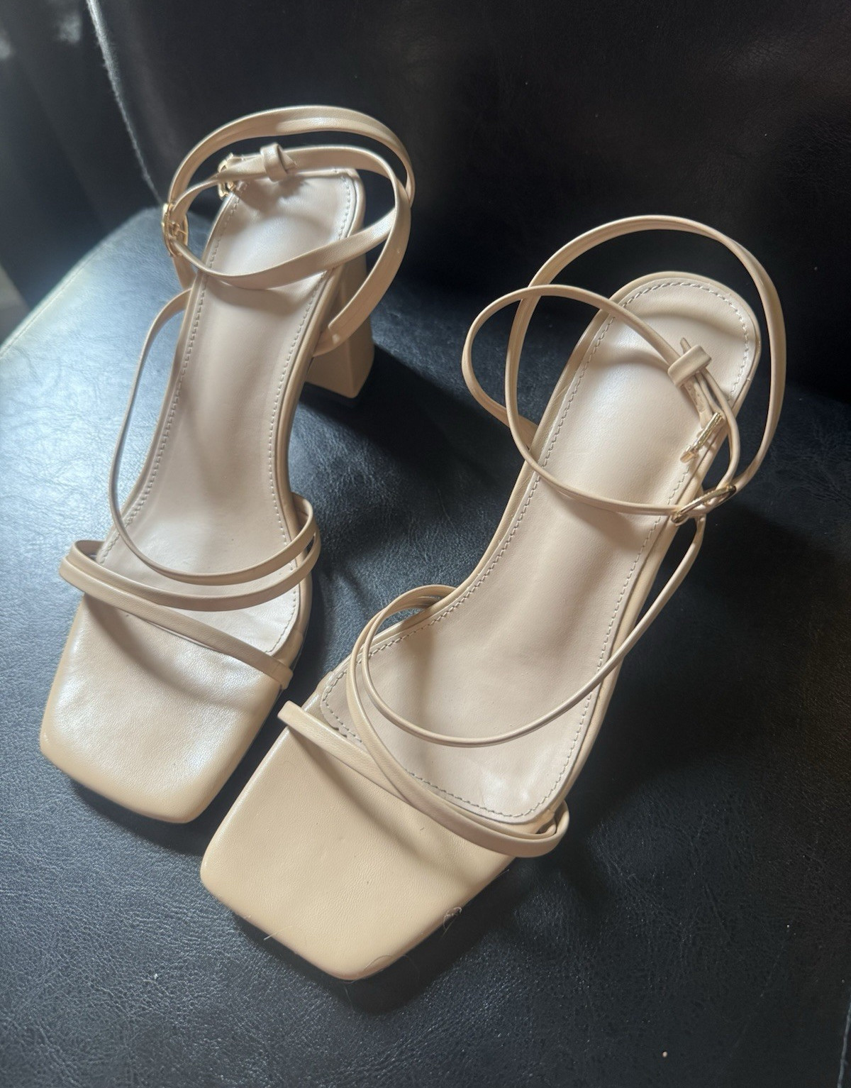 Women’s Beige Strappy Square Toe Block Heel Sandals Ankle Strap Buckle 6.5