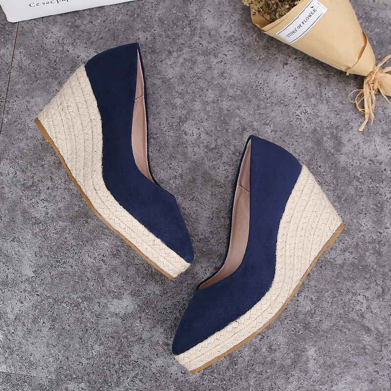 Pointed Toe Wedges Heel Slip On Espadrille Suede Black Women Princess Shoes 42