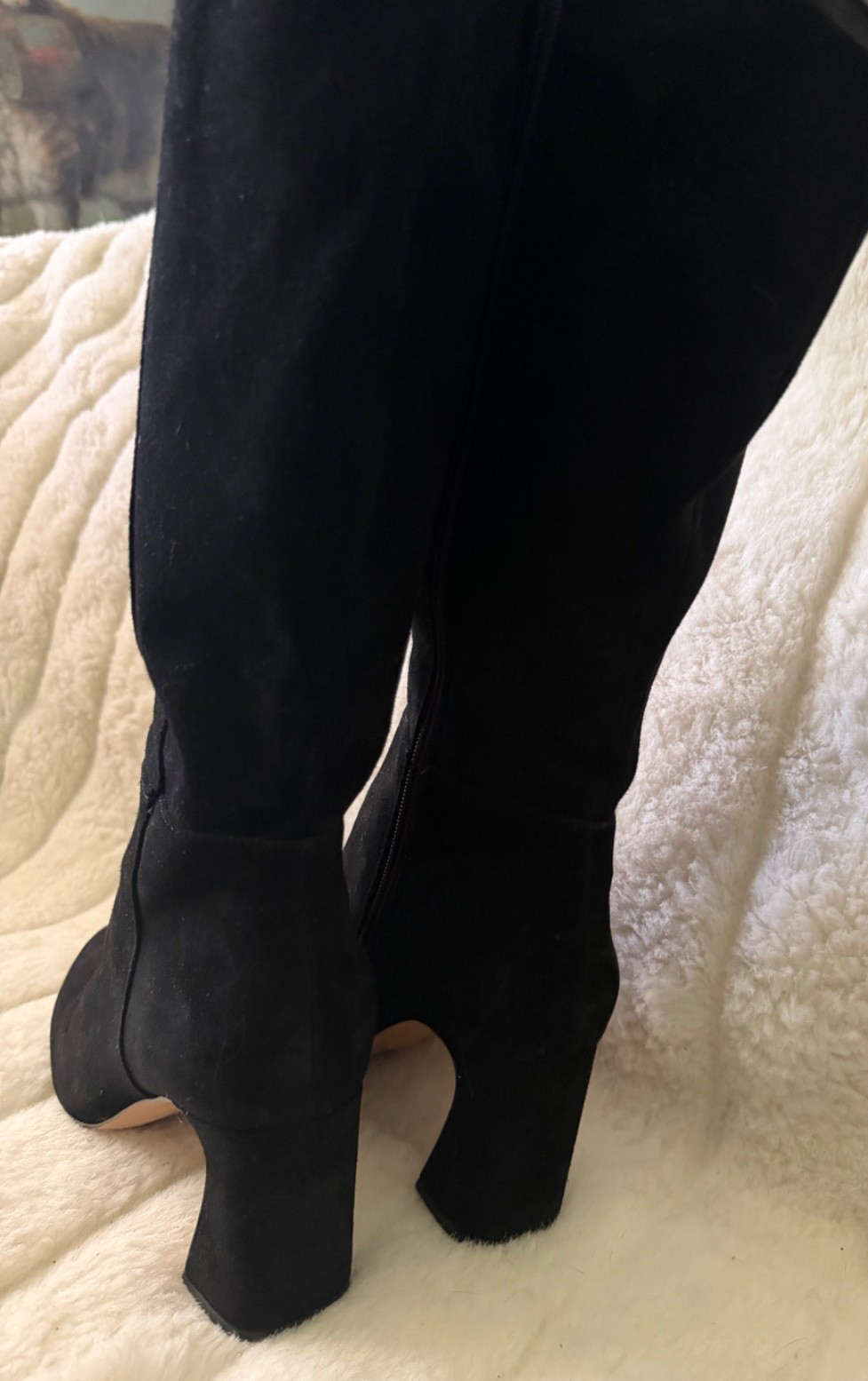 VINCE CAMUTO SIZE 9.5 Black Suede Covered Heel Side Zip Dress Boot Knee High
