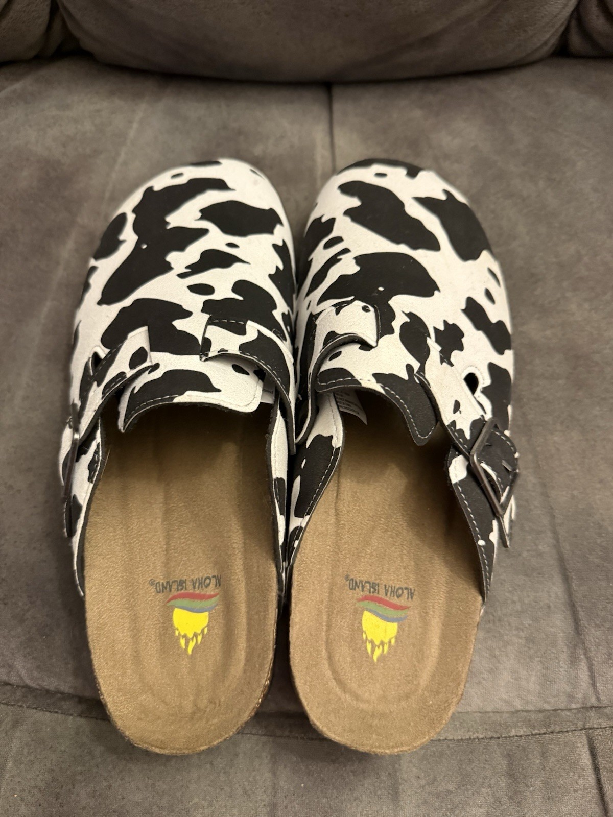 Aloha Island Women’s Cow Print Slide Sandals Black/White Leather Buckle 9