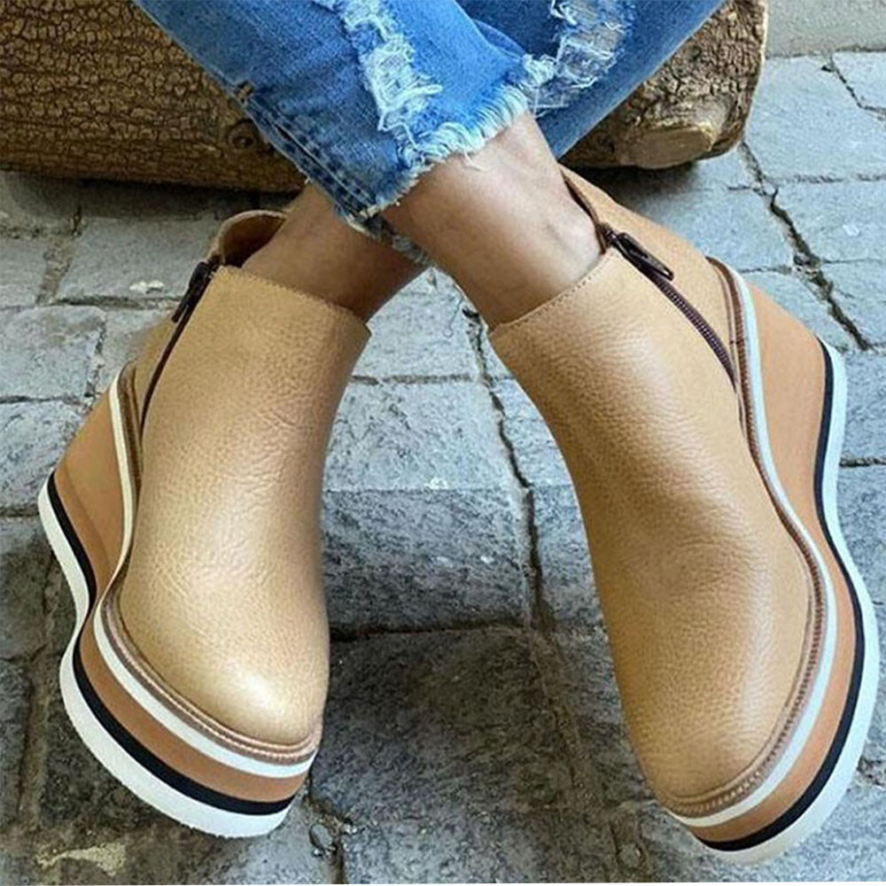 Women’s Ladies PU Leather High Mid Heel Wedge Work Ankle Boots Size UK2.5-8.5