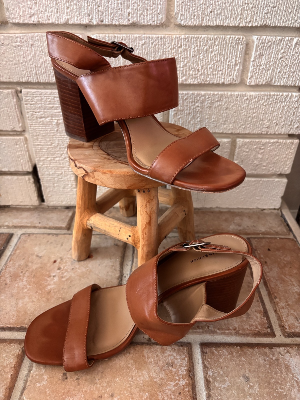 14th & Union Cognac Brown Ankle Strap Block Heel Sandal 9.5