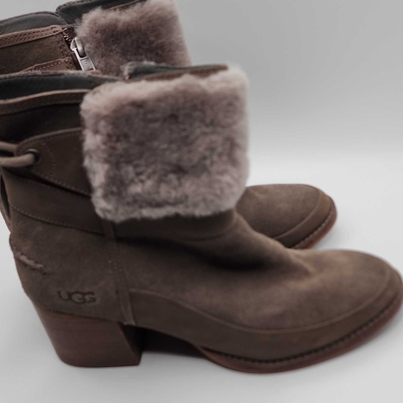 UGG Womens 8 Brown Suede Shearling Lined Faux Fur Trim Ankle Boots 1104863