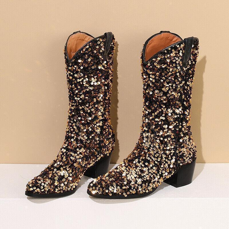 Fashion Women’s Gitter Sequins Pull On Mid Calf Boots Party Formal Casual Shoes