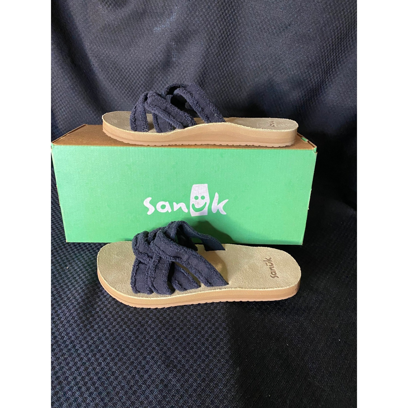 Sanuk W Fraidy Slide Black Frayed Fabric Sandals Women’s Size 7 NEW