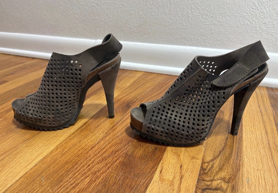 EUC Pedro Garcia Camo Suede Perforated Peep-Toe Heeled Bootie Size 38 (8 US)
