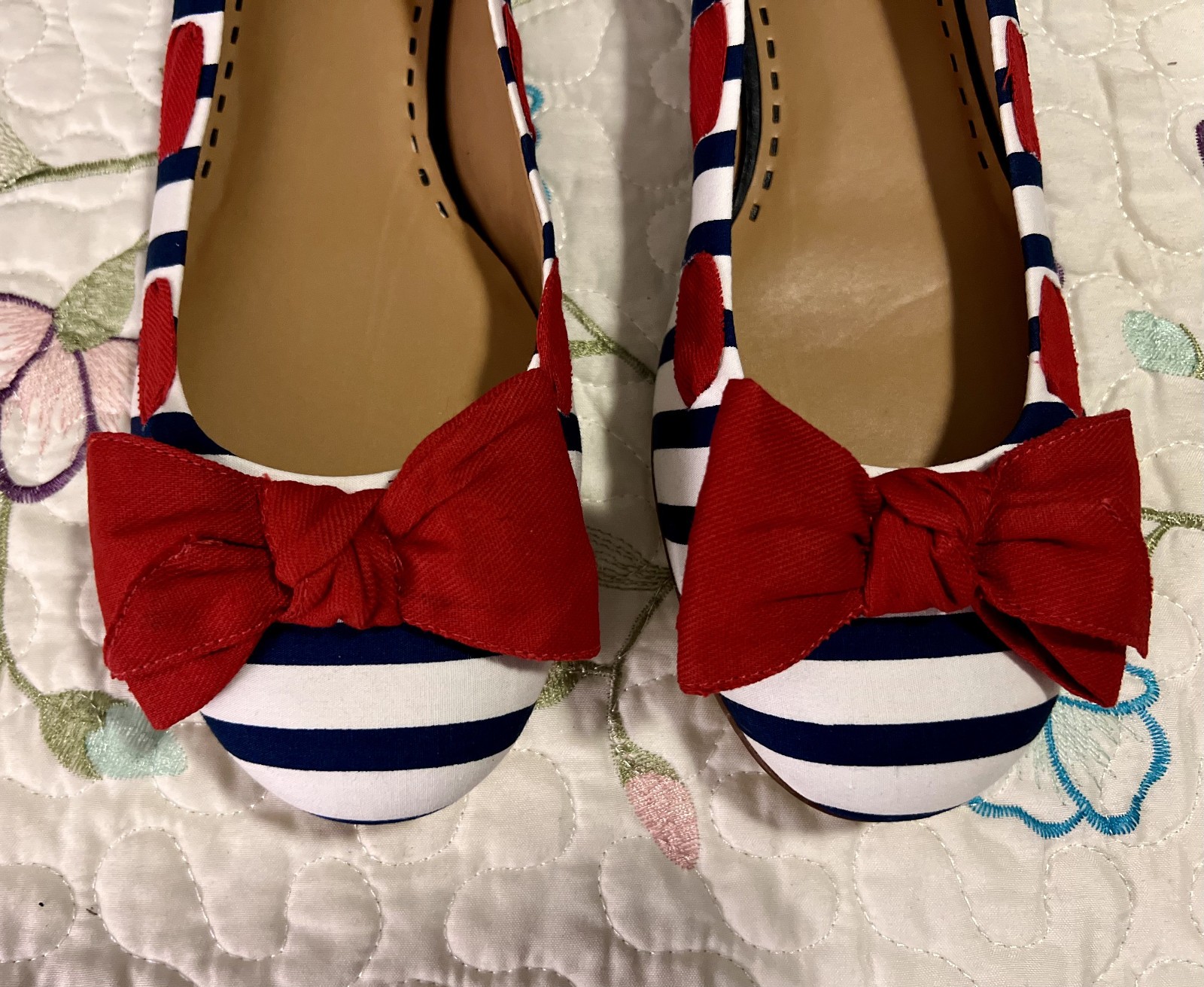 VTG NIB Gianni Bini Glory651 Ballet Flat Shoes 9 Red Bow Navy Blue Stripe Sailor