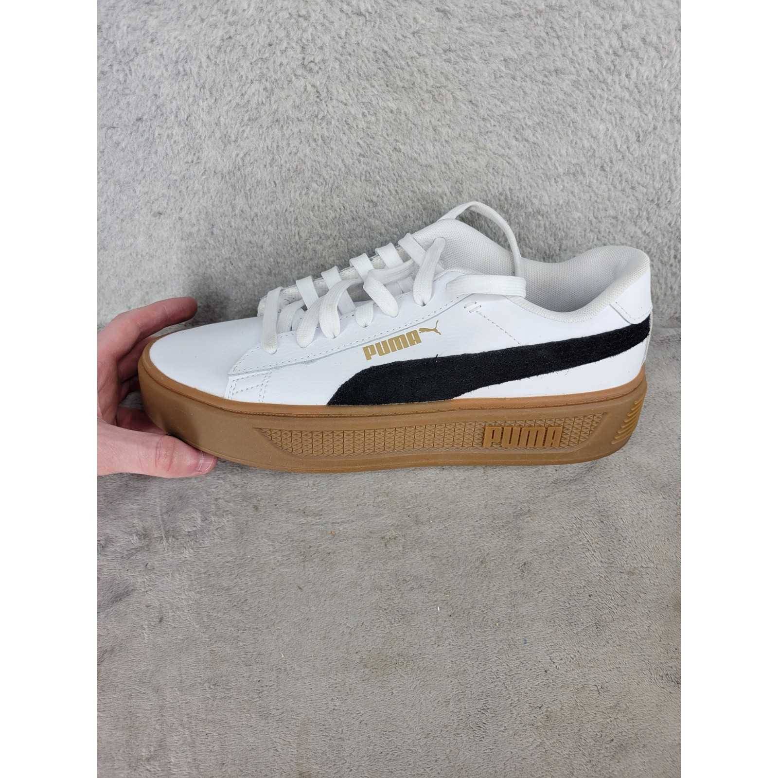 Puma Smash 3.0 Platform Womens 8.5 White Black Gold Gum Sneakers 395318-07
