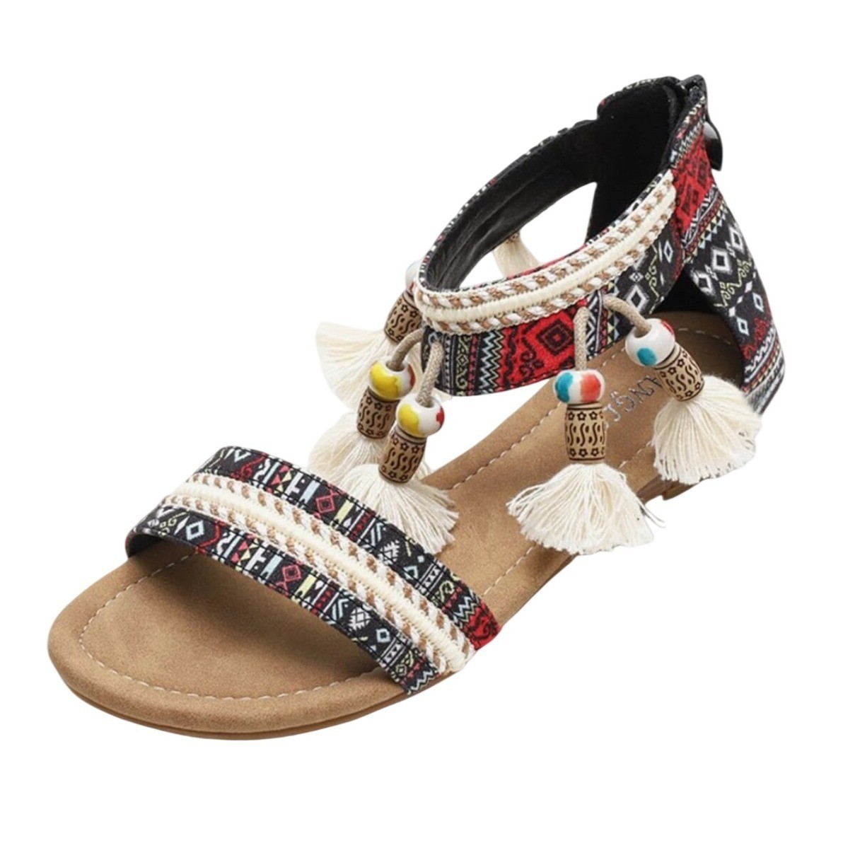 Women’s Boho Tribal Beaded Sandals Size 37 Tassel Aztec Gladiator Flat Summer