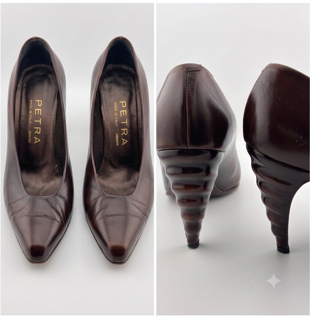 Vtg Womens 7.5 M Firenze Petra Brown Leather Pumps Ribbed Cone Horn Heel Italy