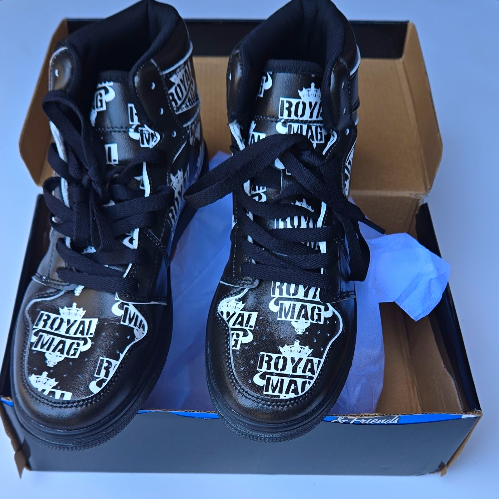 Royal Mag Black/White High Top Lace-Up Sneakers with Logo Print for Women