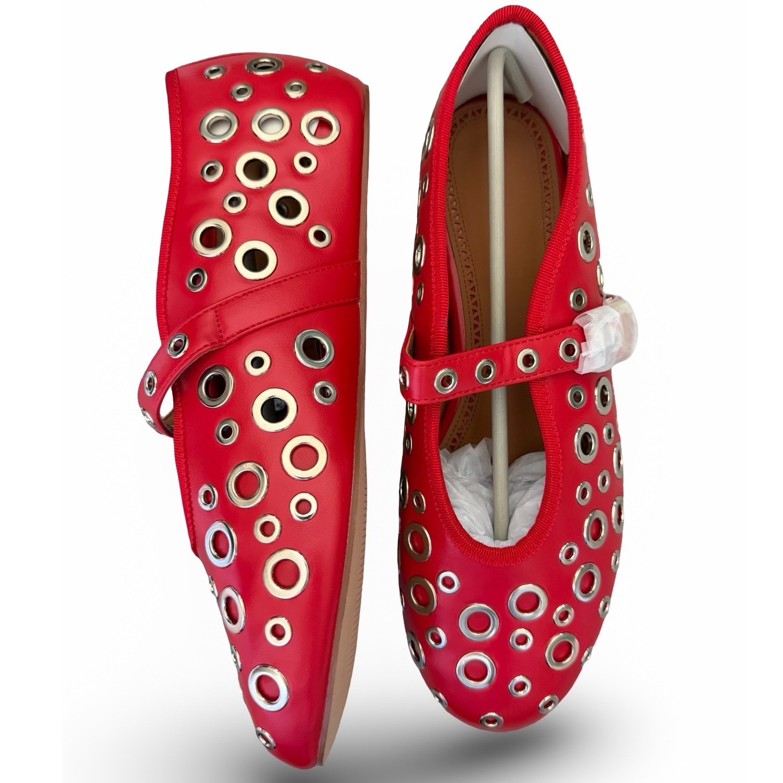 Red Grommet Mary Jane Flats Buckle Strap Eyelet Shoes Womens 8.5 NEW