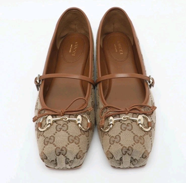 Gucci Horsebit Size 39 BeigeBrown GG Canvas and Leather Ballet Flats New In Box