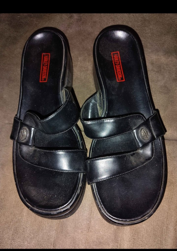 Harley-Davidson Women’s Black Slide Sandals Logo Straps Faux Leather US 8