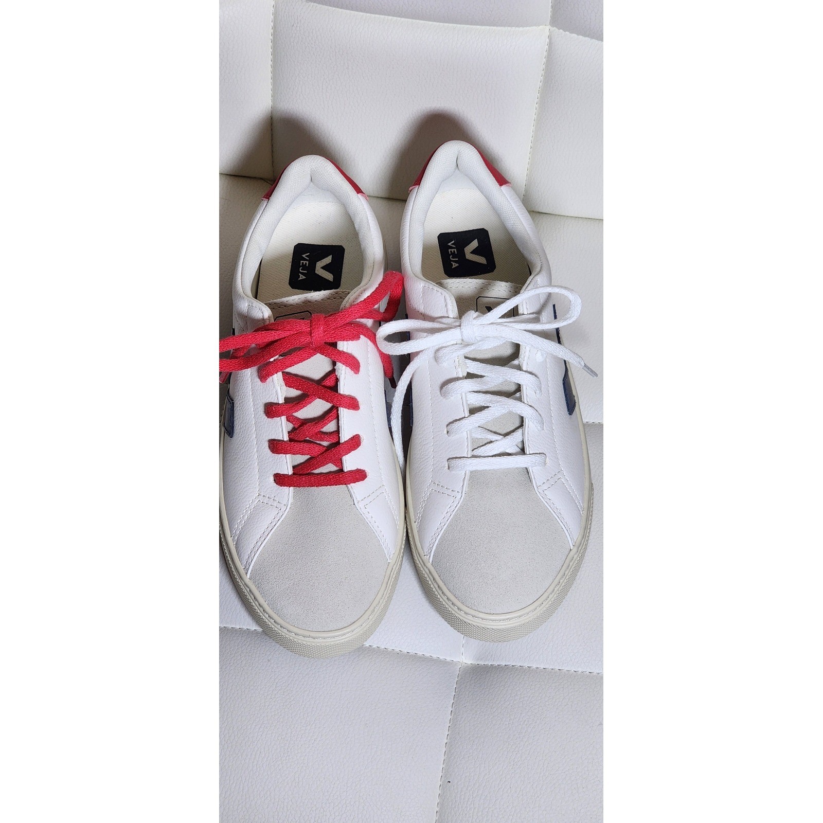 Veja Esplar White Leather Navy Blue Red Sneakers Womens Size 6 EUR 37 Low Top