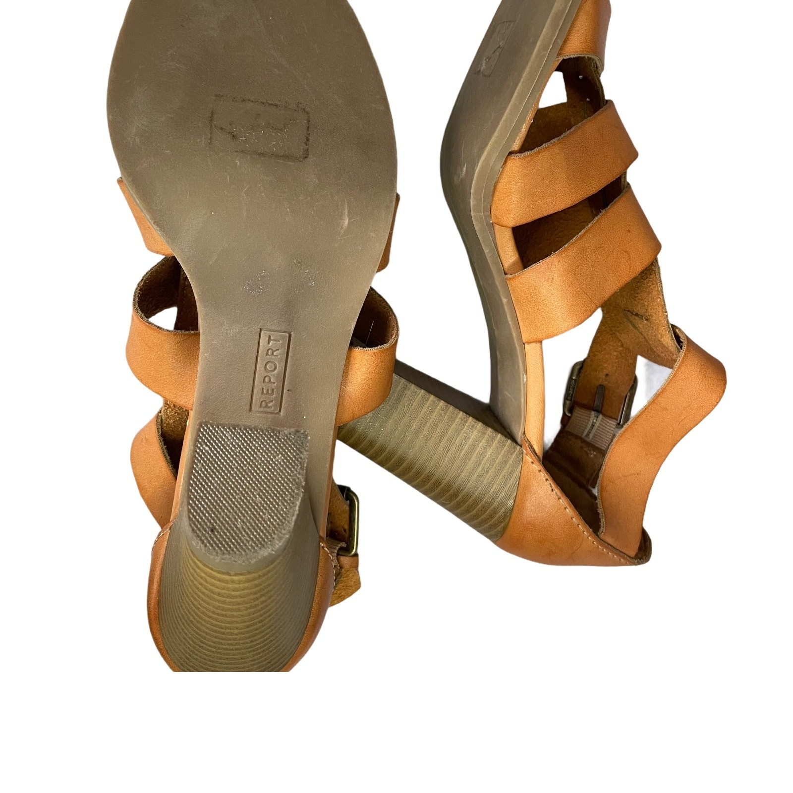 Report Womens Size 9 Tan Strappy Heeled Sandals 3.5in Heel Open Toe Side Buckle
