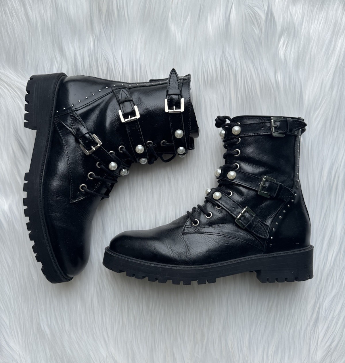 Zara Pearl Studded Leather Combat Boots – Size 8