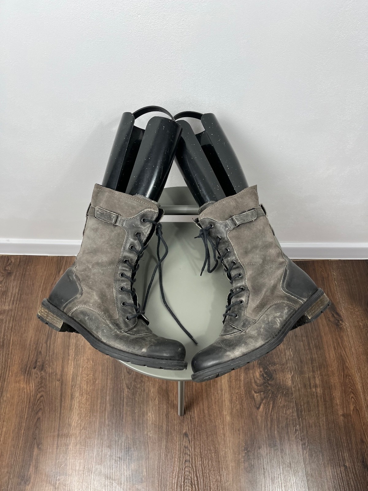 Gray Distressed Combat Lace-Up Zip Boots Avant-Garde Style EU 39