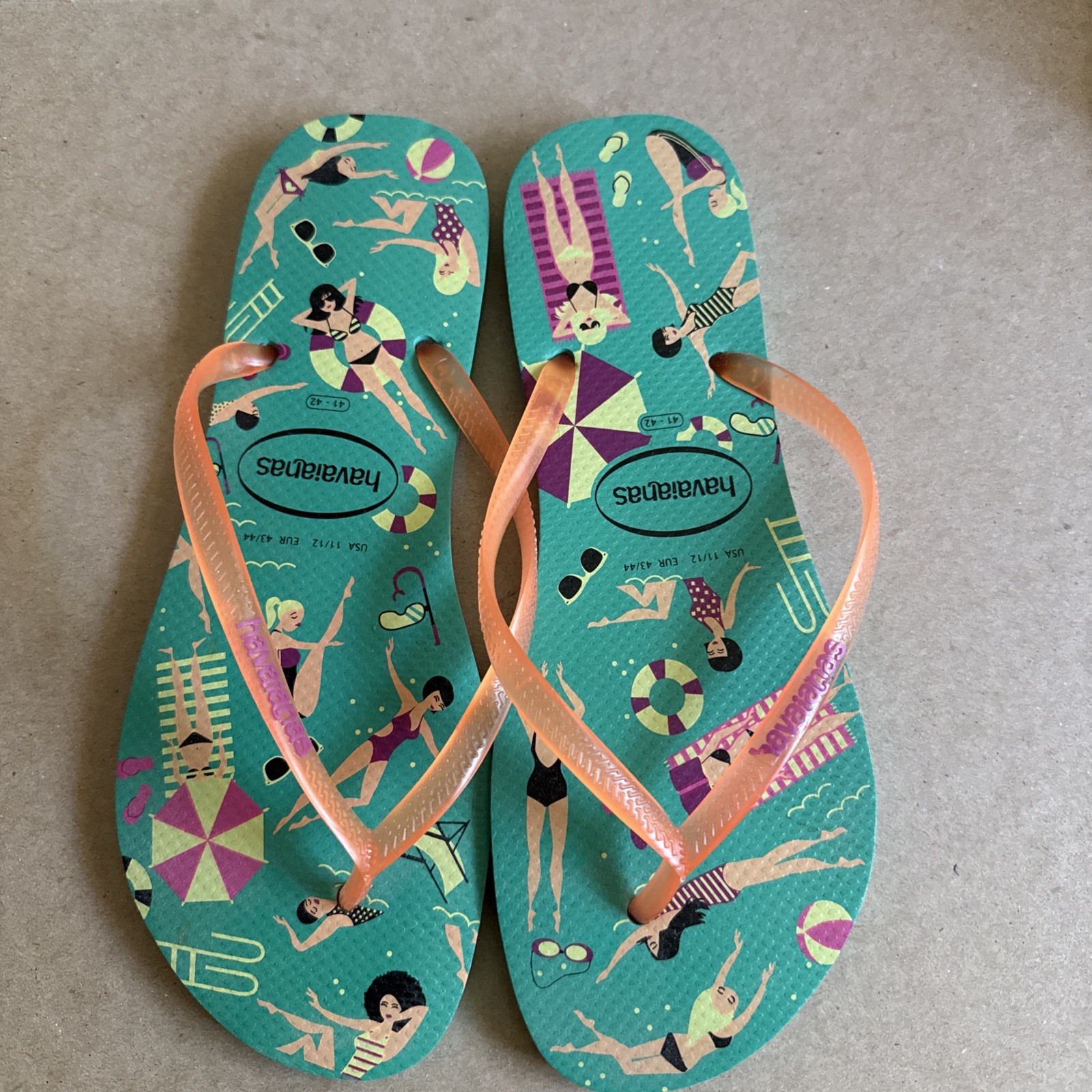 Havaianas Slim Green Pool Party Design with Orange Gel Straps 41/42 – New
