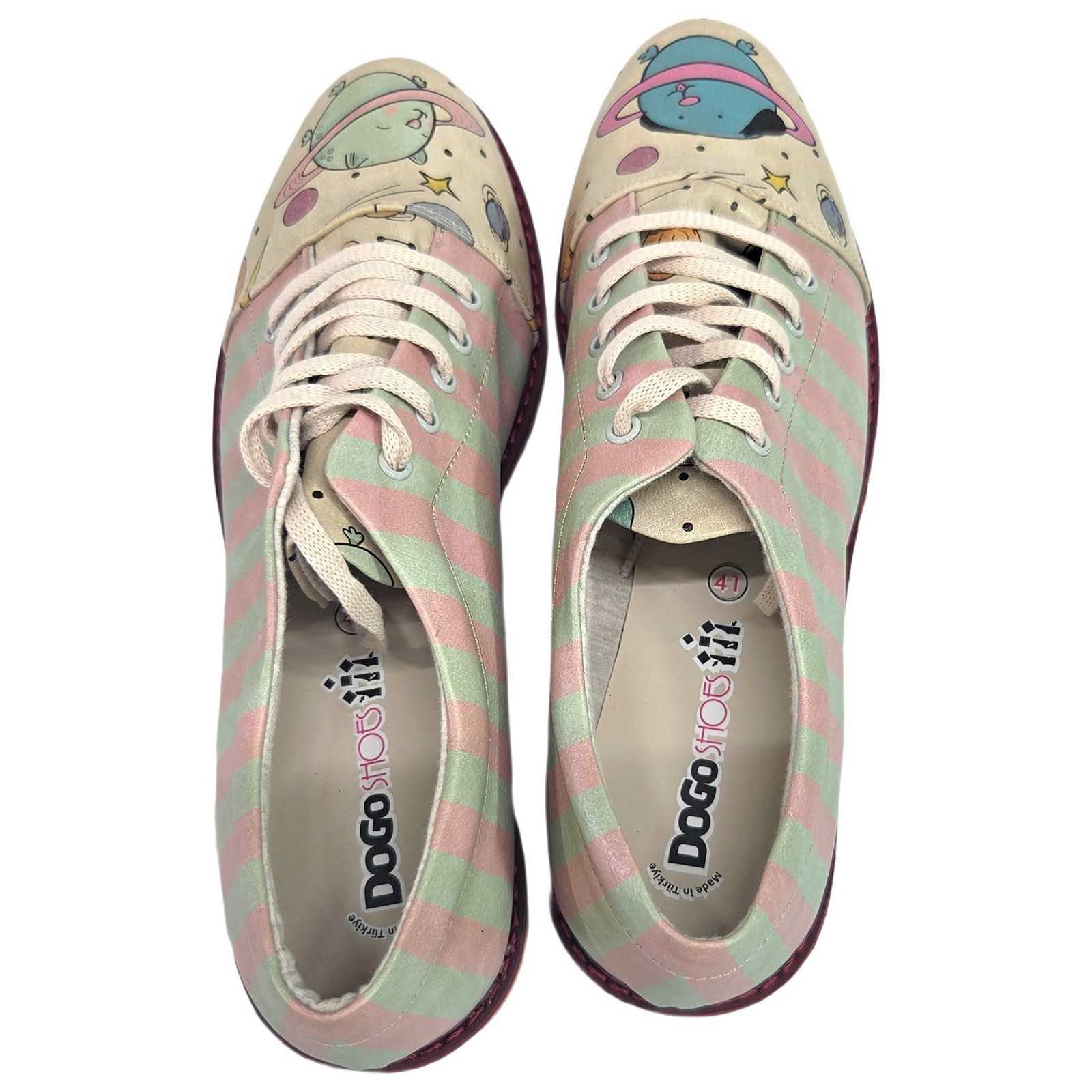Space Cat Dog Dogo Shoes Women Oxford 41 Pink Green Striped Galaxy NWT