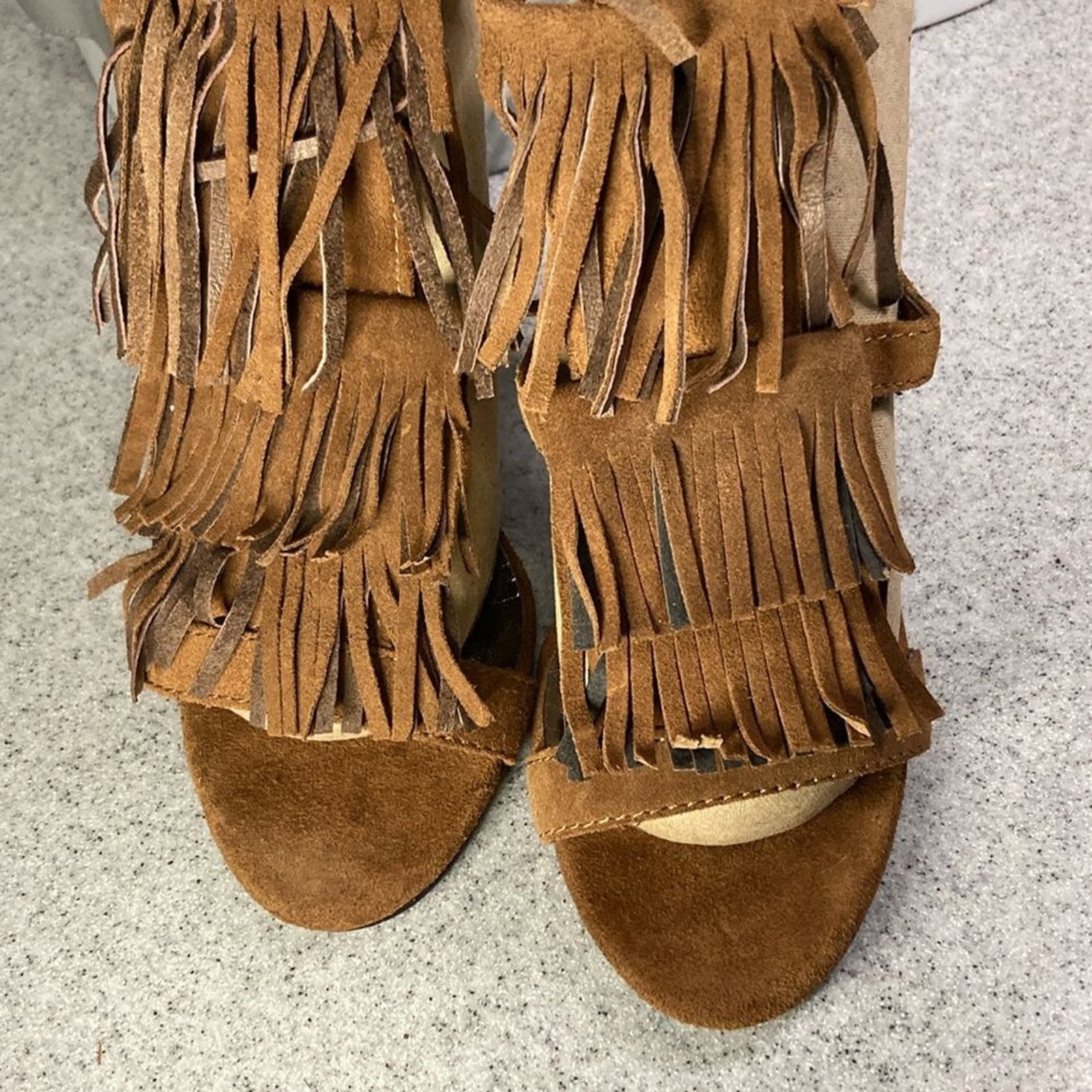 Size 8 Steven‎ by Steve Madden brown suede fringe 4” heels Box 6
